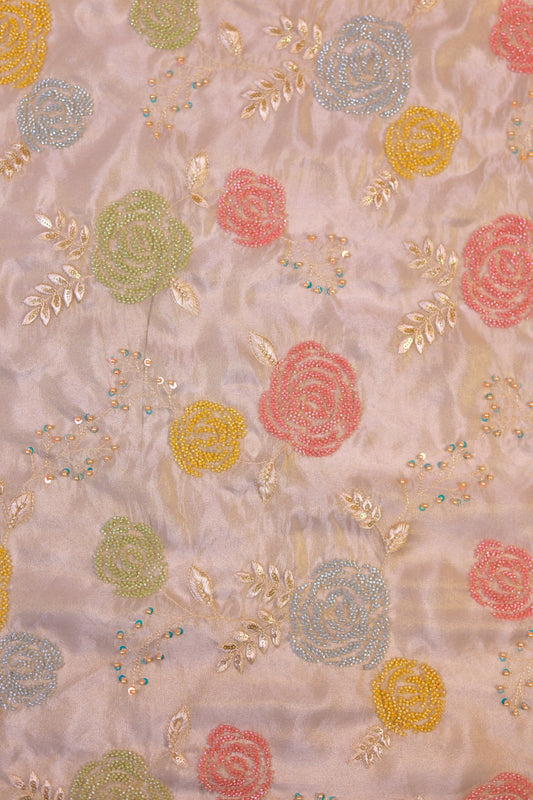 Pastel Rose Bead Embroidered Tissue Fabric