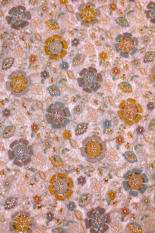 Pastel Floral Embroidered Sequin Tissue Fabric