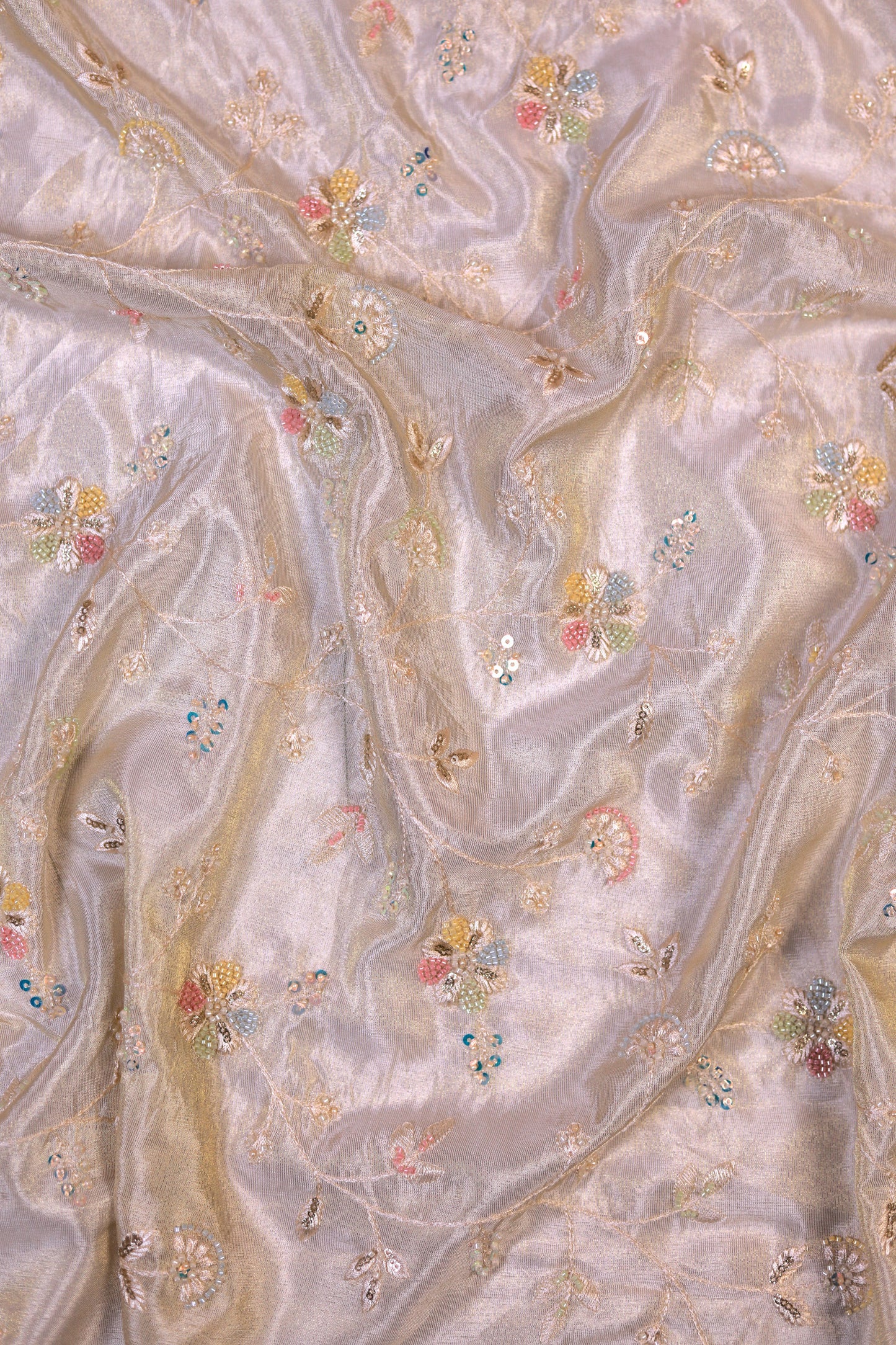 Pastel Vine Embroidered Tissue Fabric with Sequins & Beads