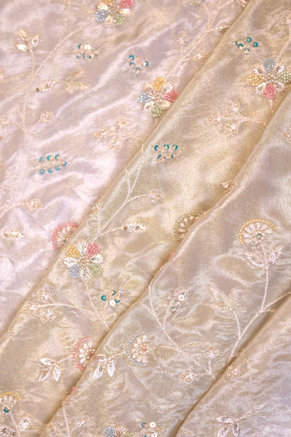 Pastel Vine Embroidered Tissue Fabric with Sequins & Beads