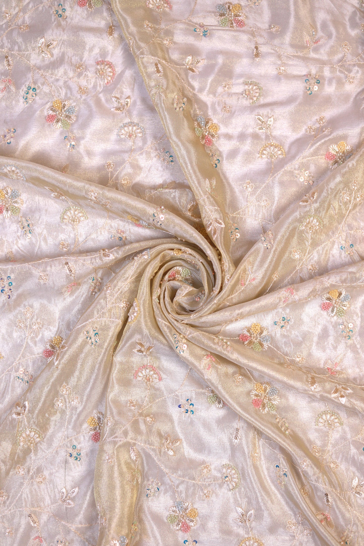 Pastel Vine Embroidered Tissue Fabric with Sequins & Beads