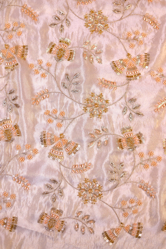 Champagne Gold Floral Beaded & Sequin Embroidered Tissue Fabric