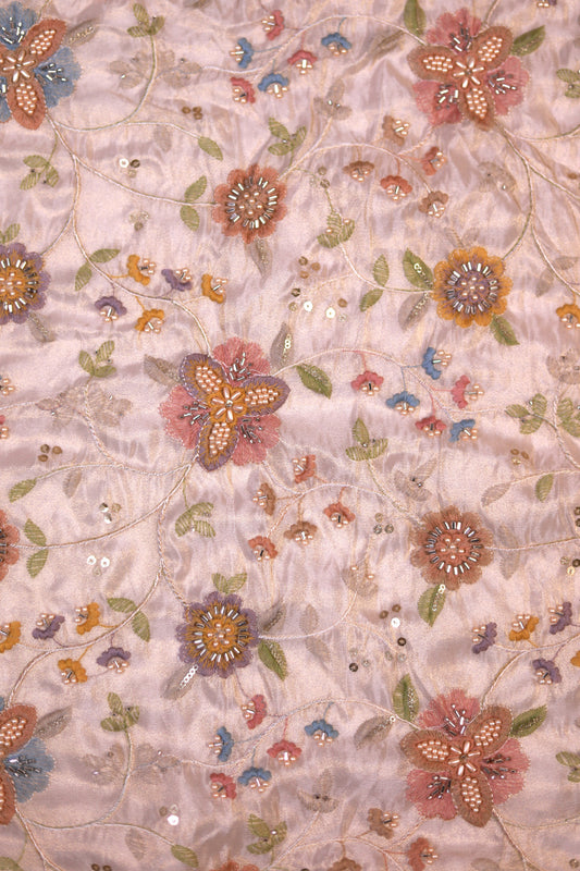 Pastel Floral Embroidered Tissue Fabric with Sequins & Beads