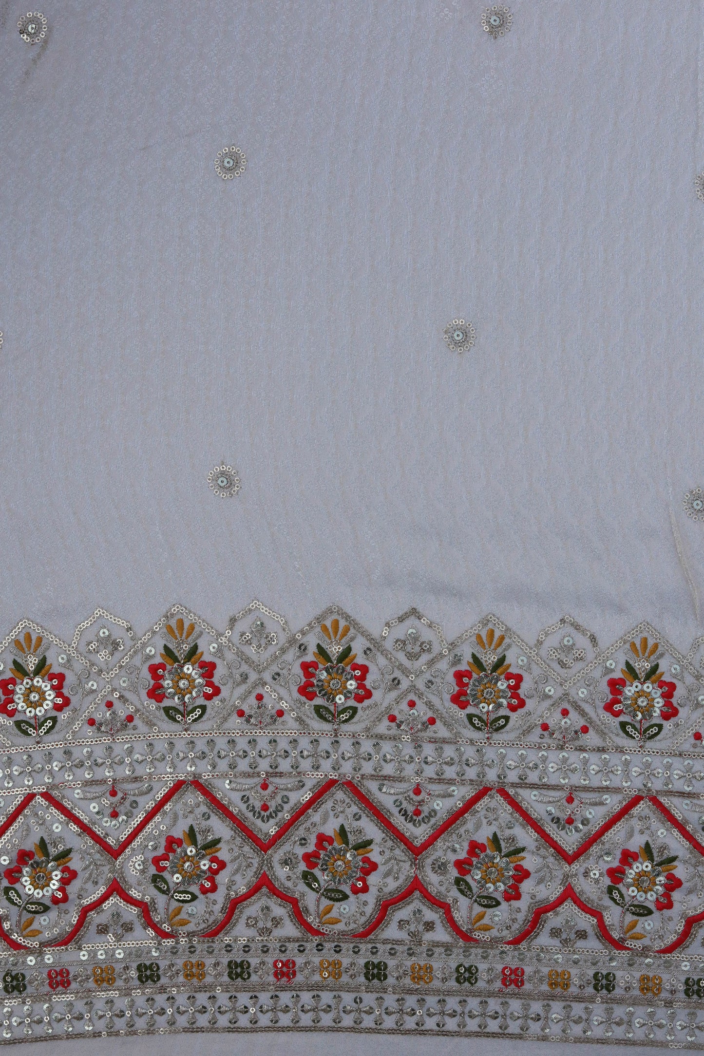 Banarasi Tissue Brocade Fabric with Floral Embroidery and Colorful Border