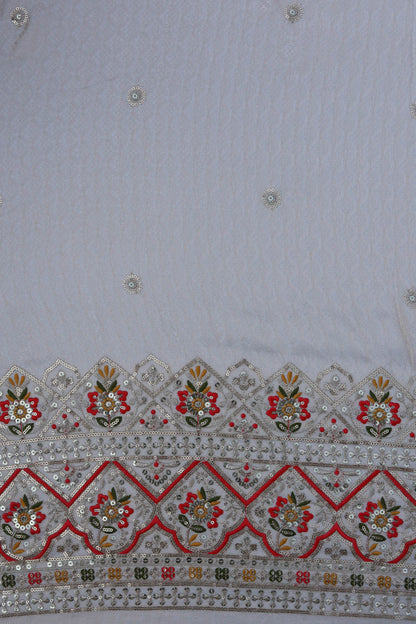 Banarasi Tissue Brocade Fabric with Floral Embroidery and Colorful Border