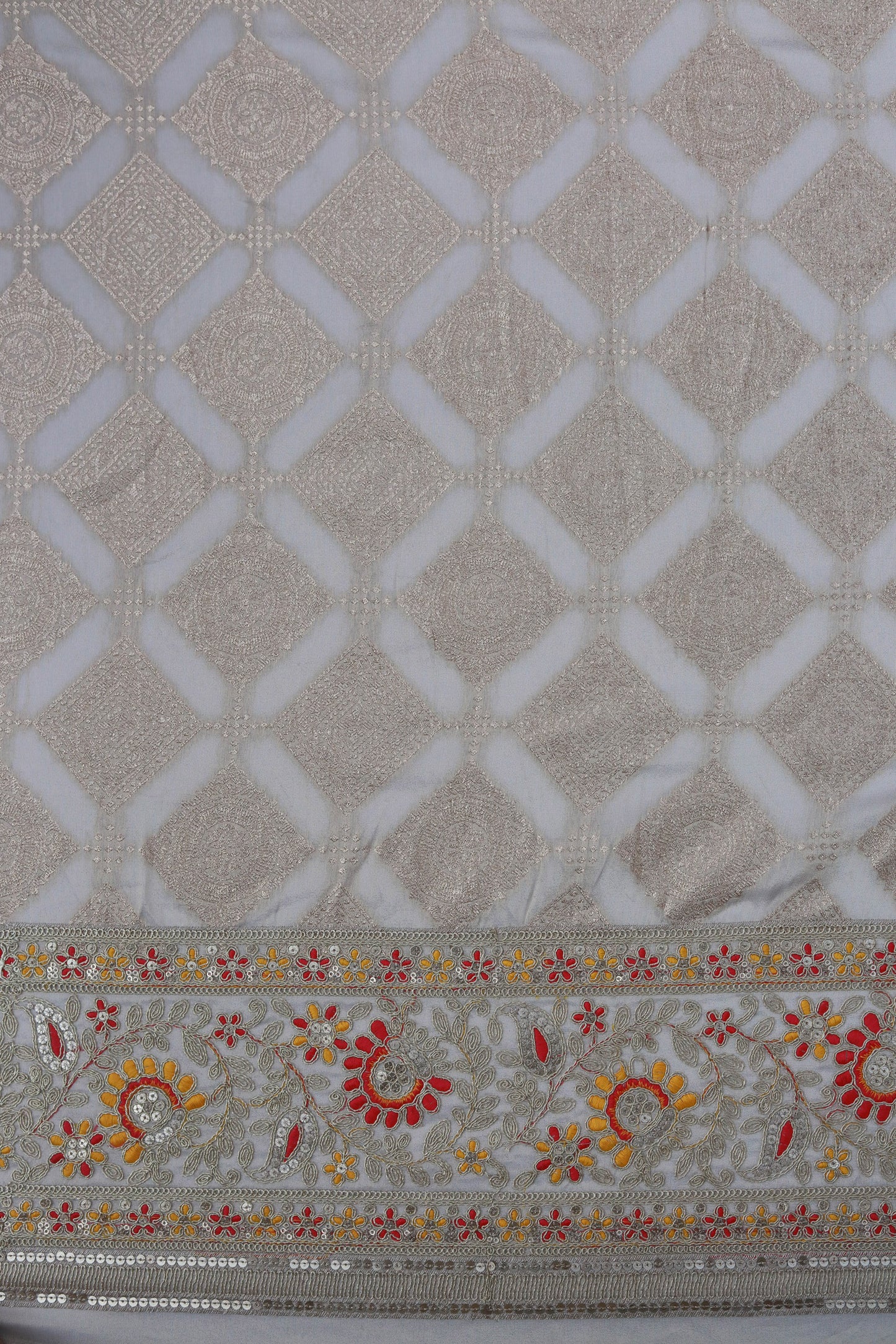 Banarasi Tissue Brocade Fabric with Floral Embroidery and Mirror Accents