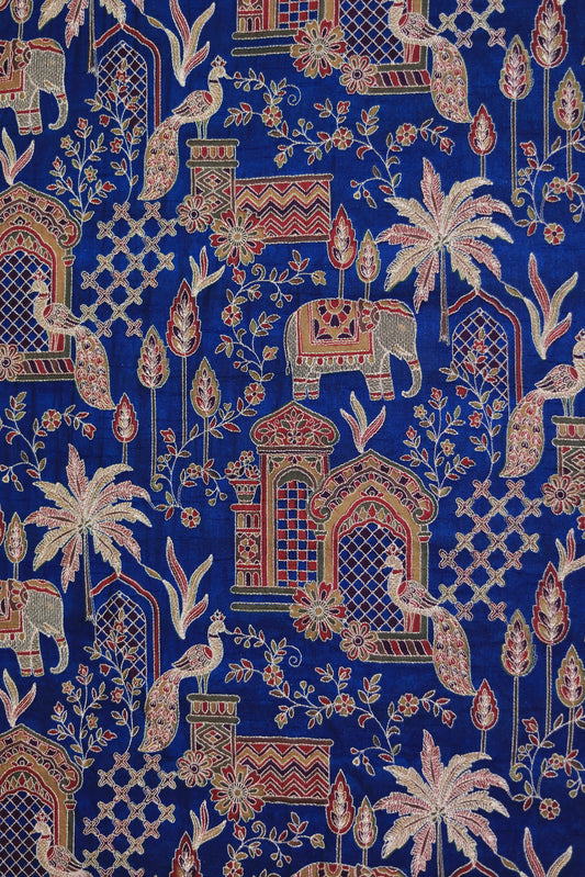 Blue Majestic Meadow Viscose Chinon Embroidered Fabric