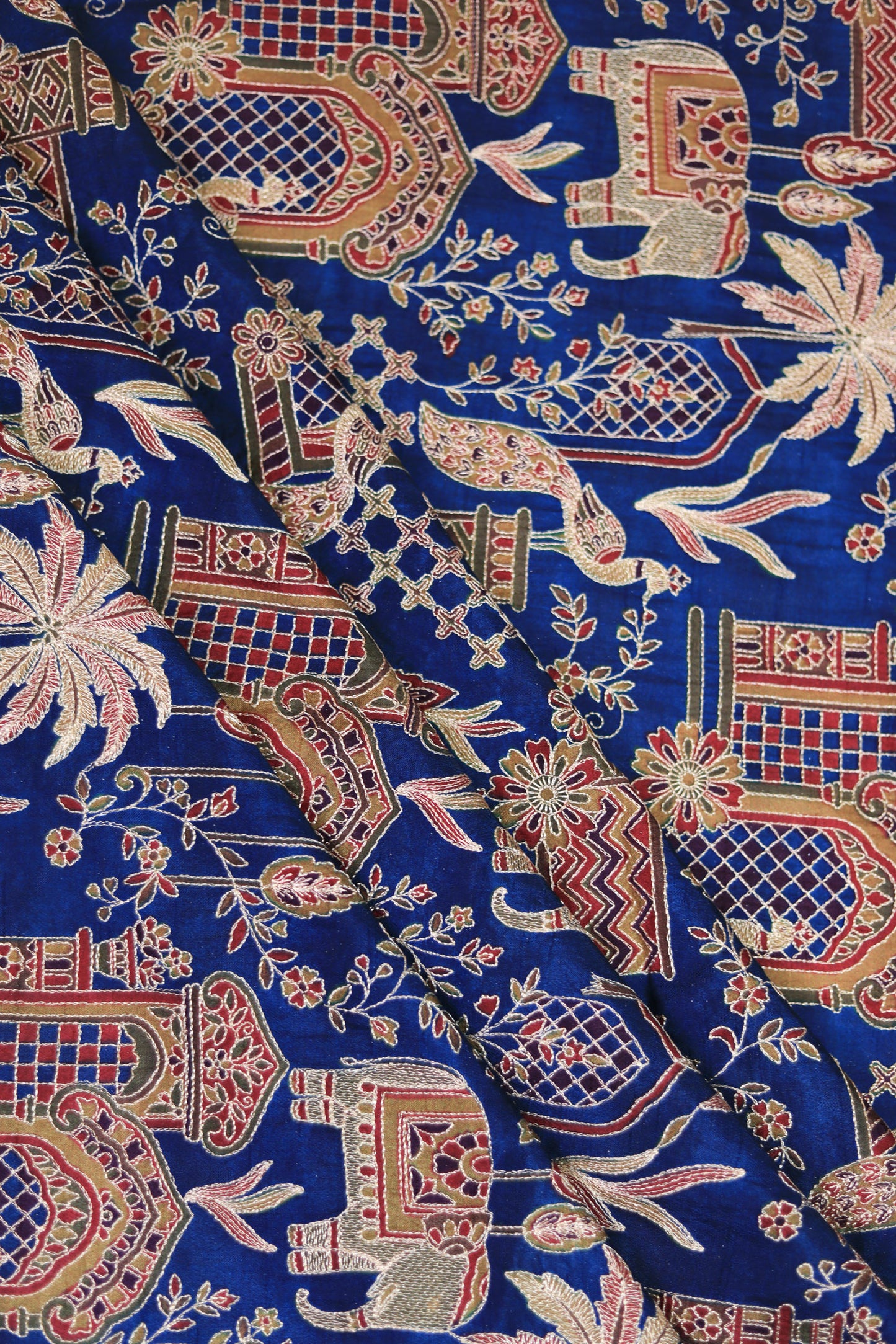 Blue Majestic Meadow Viscose Chinon Embroidered Fabric