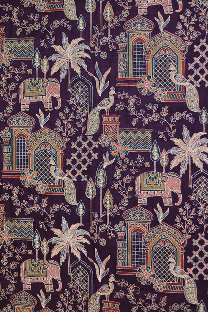 Purple Majestic Meadow Viscose Chinon Embroidered Fabric