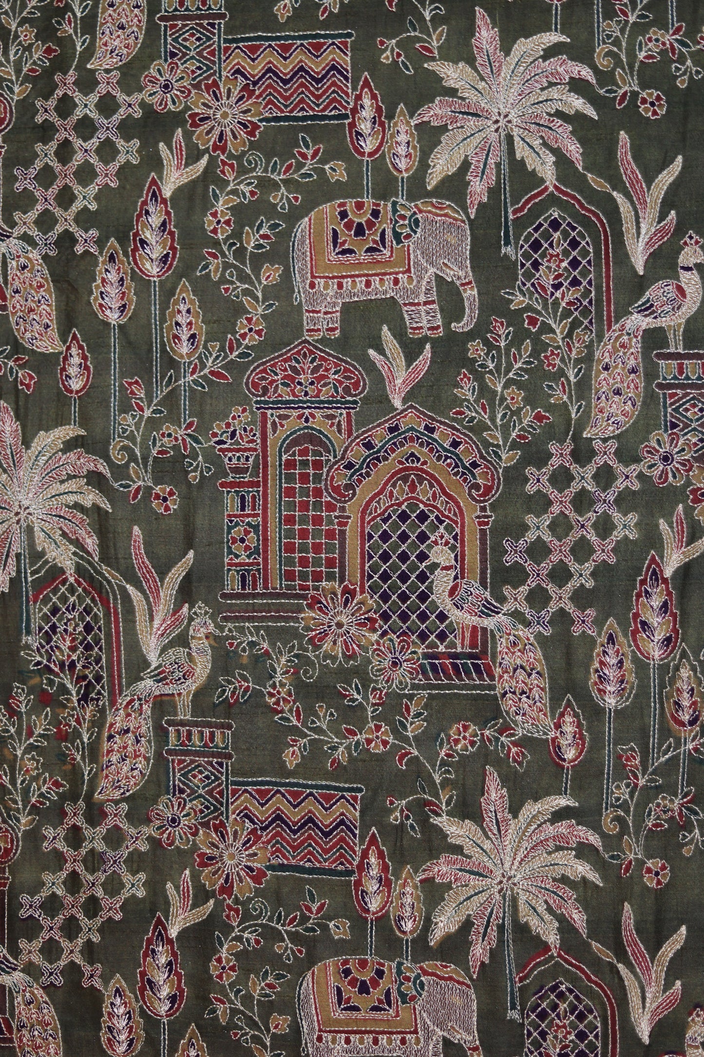 Green Majestic Meadow Viscose Chinon Embroidered Fabric