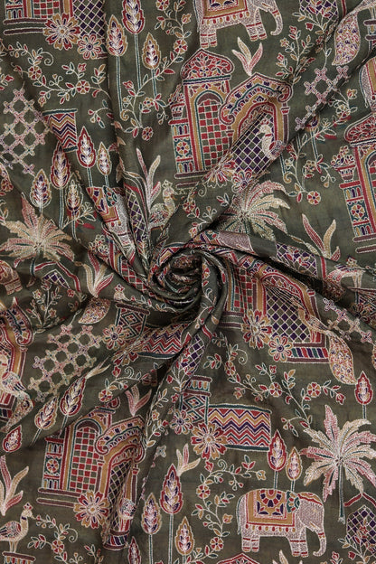 Green Majestic Meadow Viscose Chinon Embroidered Fabric