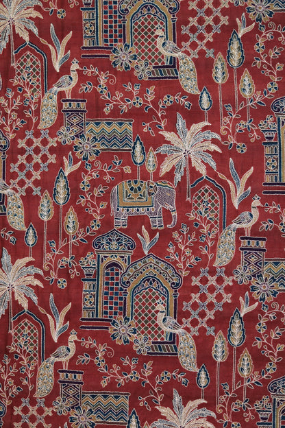 Red Majestic Meadow Viscose Chinon Embroidered Fabric