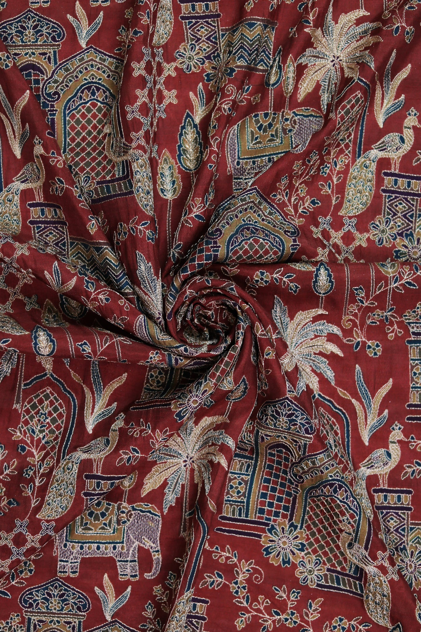 Red Majestic Meadow Viscose Chinon Embroidered Fabric
