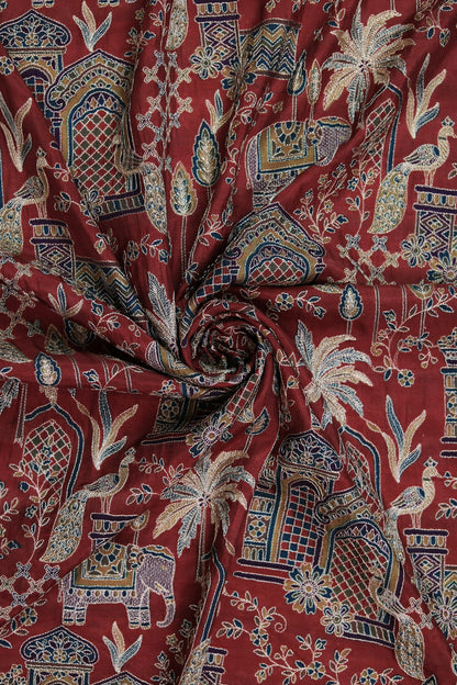 Red Majestic Meadow Viscose Chinon Embroidered Fabric