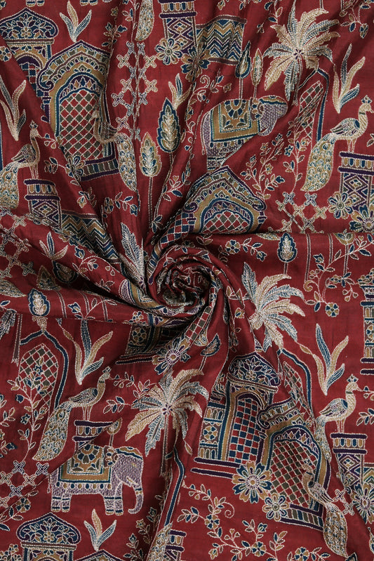 Red Majestic Meadow Viscose Chinon Embroidered Fabric