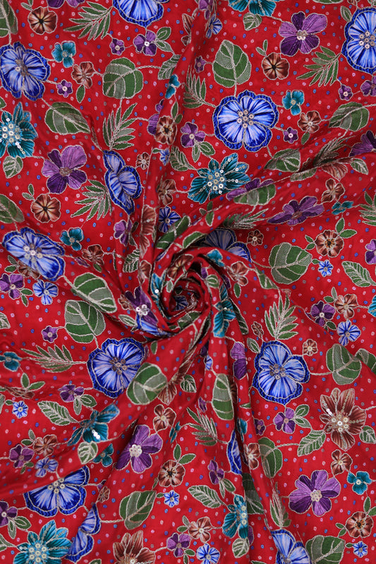 Mustard Floral Embroidered Crepe Fabric