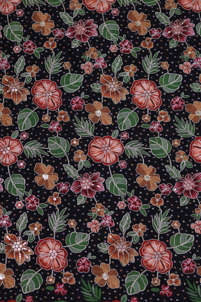 Black Mustard Floral Embroidered Crepe Fabric