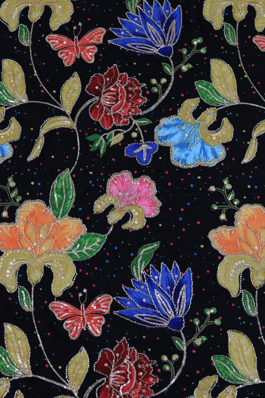 Black Midnight Bloom Sequin Embroidered Crepe