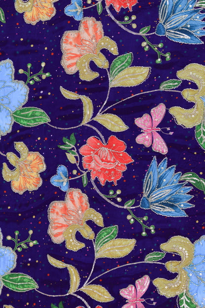 Purple Midnight Bloom Sequin Embroidered Crepe