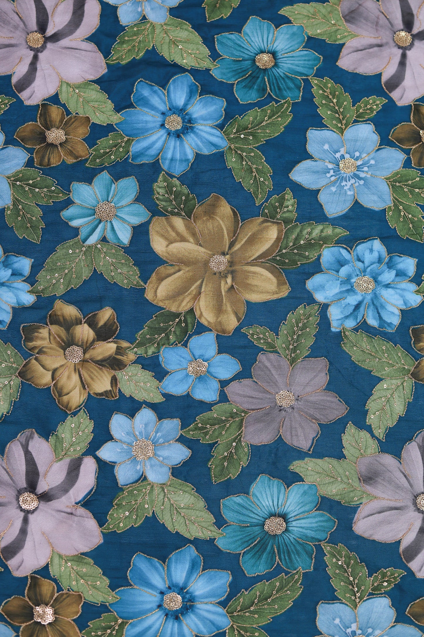 Bold Bloom Sequin Embroidered Blue Chinon Fabric