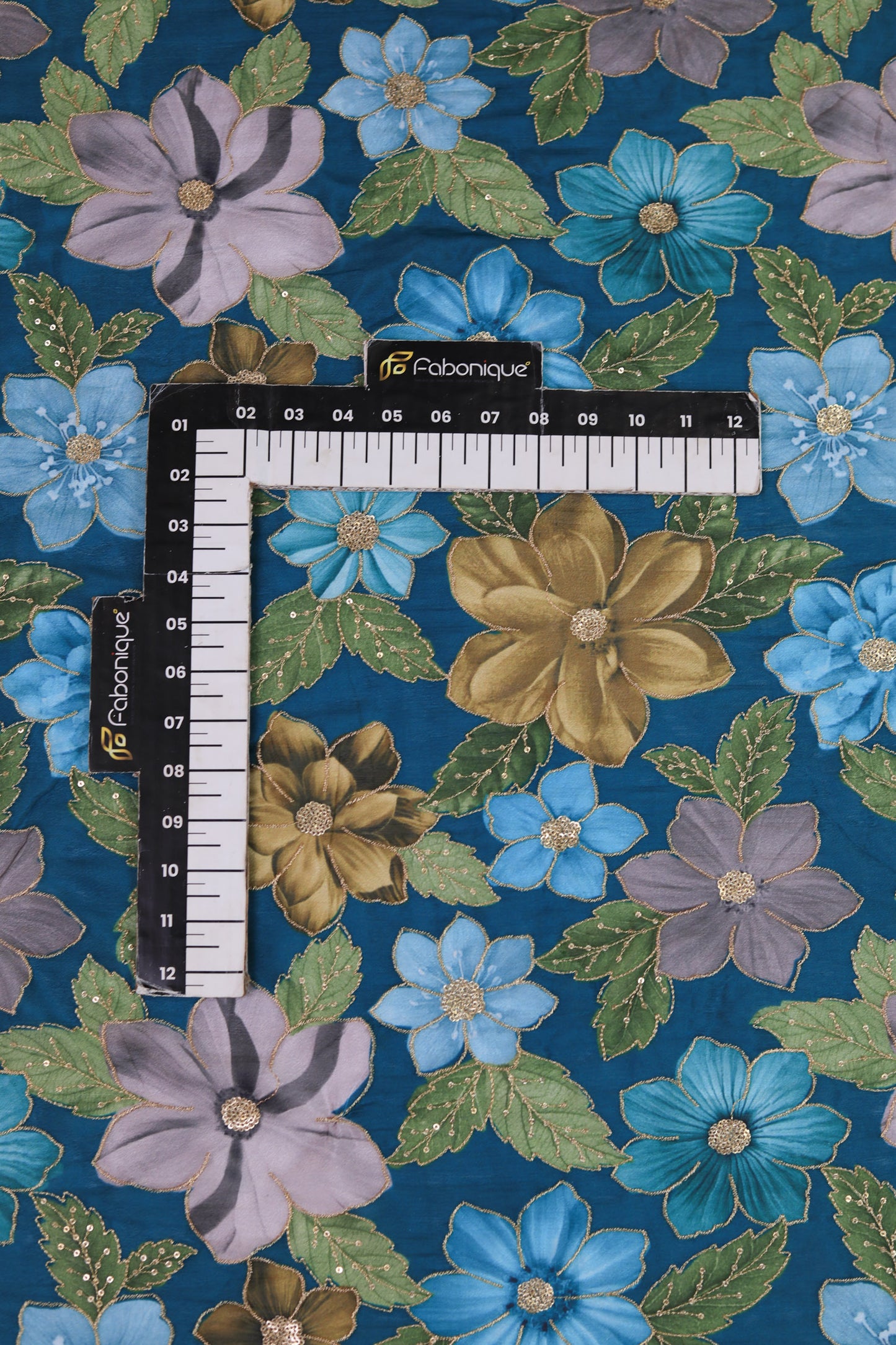 Bold Bloom Sequin Embroidered Blue Chinon Fabric