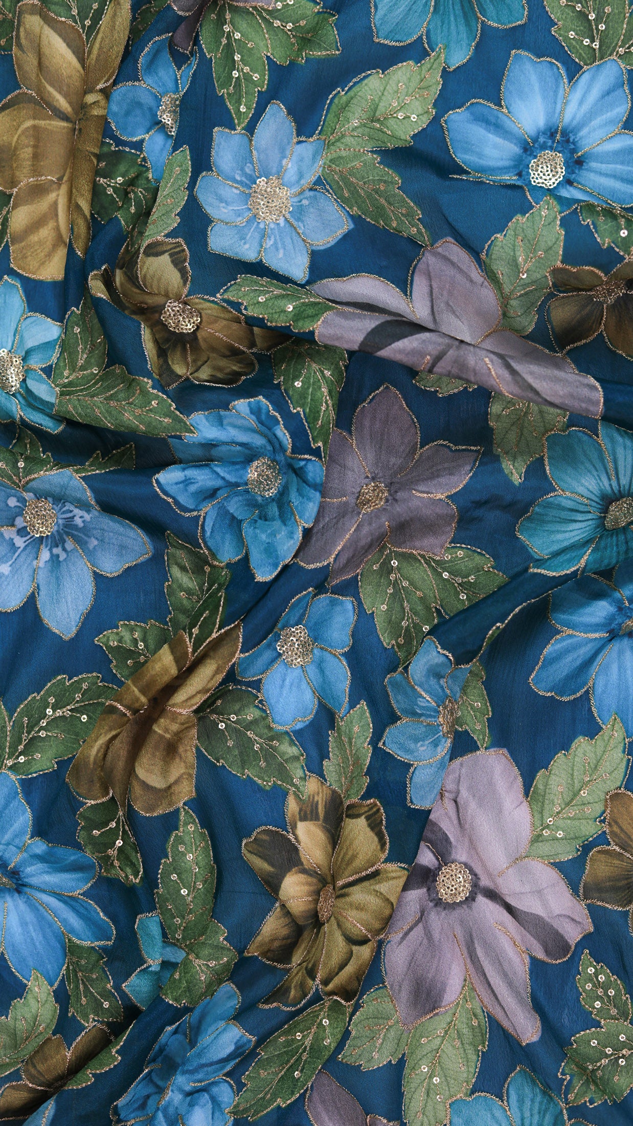 Bold Bloom Sequin Embroidered Blue Chinon Fabric