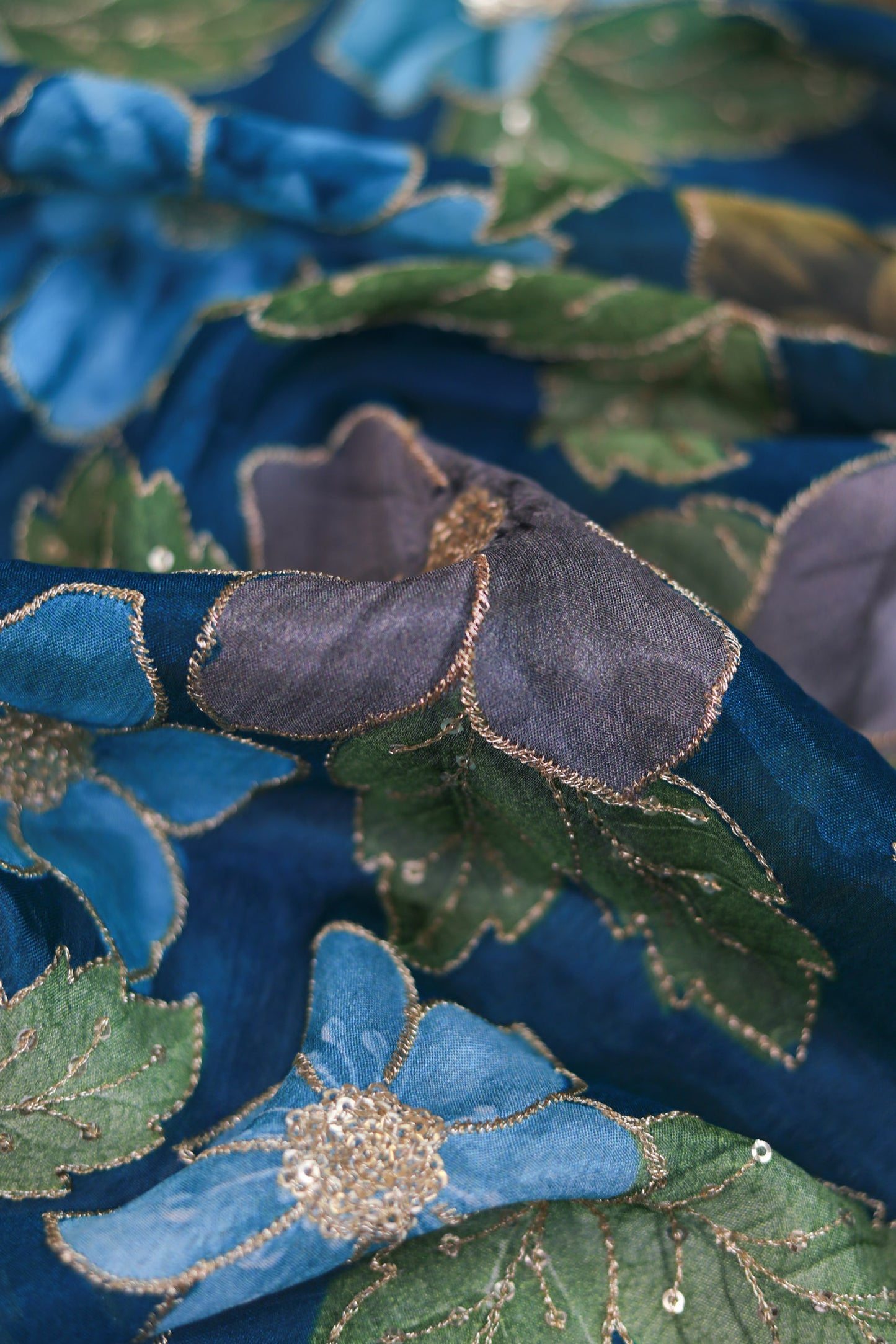 Bold Bloom Sequin Embroidered Blue Chinon Fabric