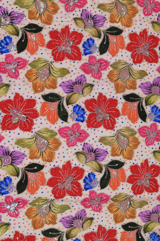 Beige Crepe with Multicolor Sequin Floral Embroidery