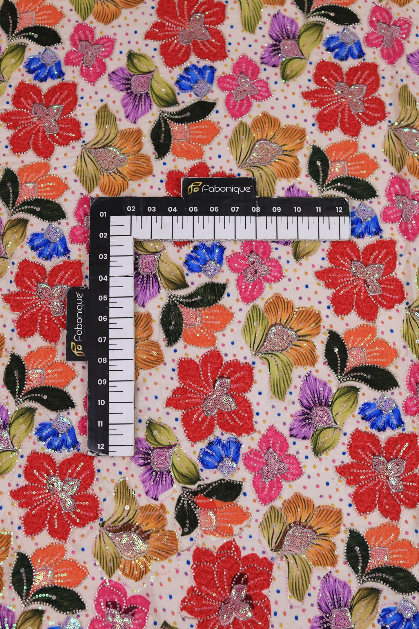 Beige Crepe with Multicolor Sequin Floral Embroidery