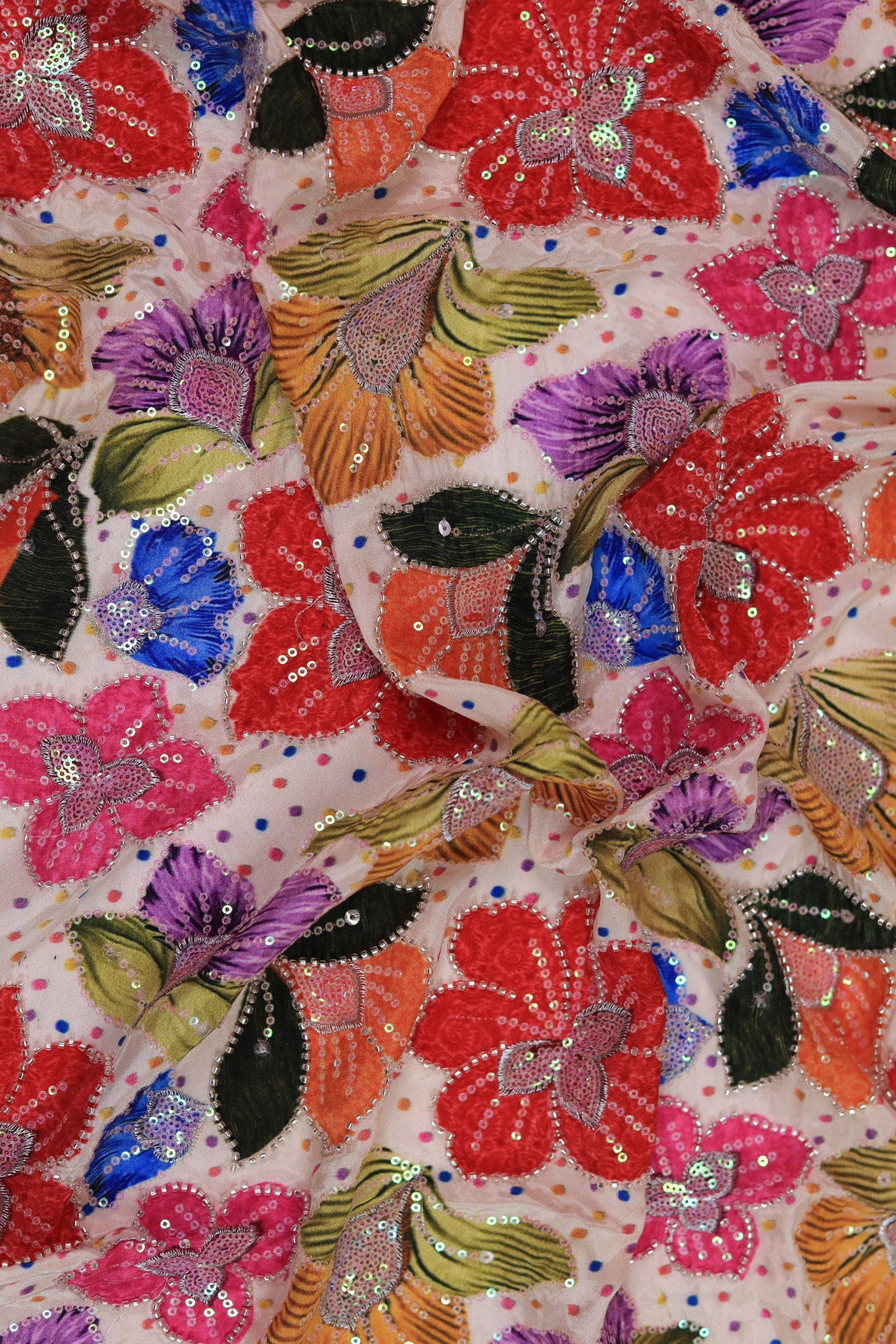 Beige Crepe with Multicolor Sequin Floral Embroidery