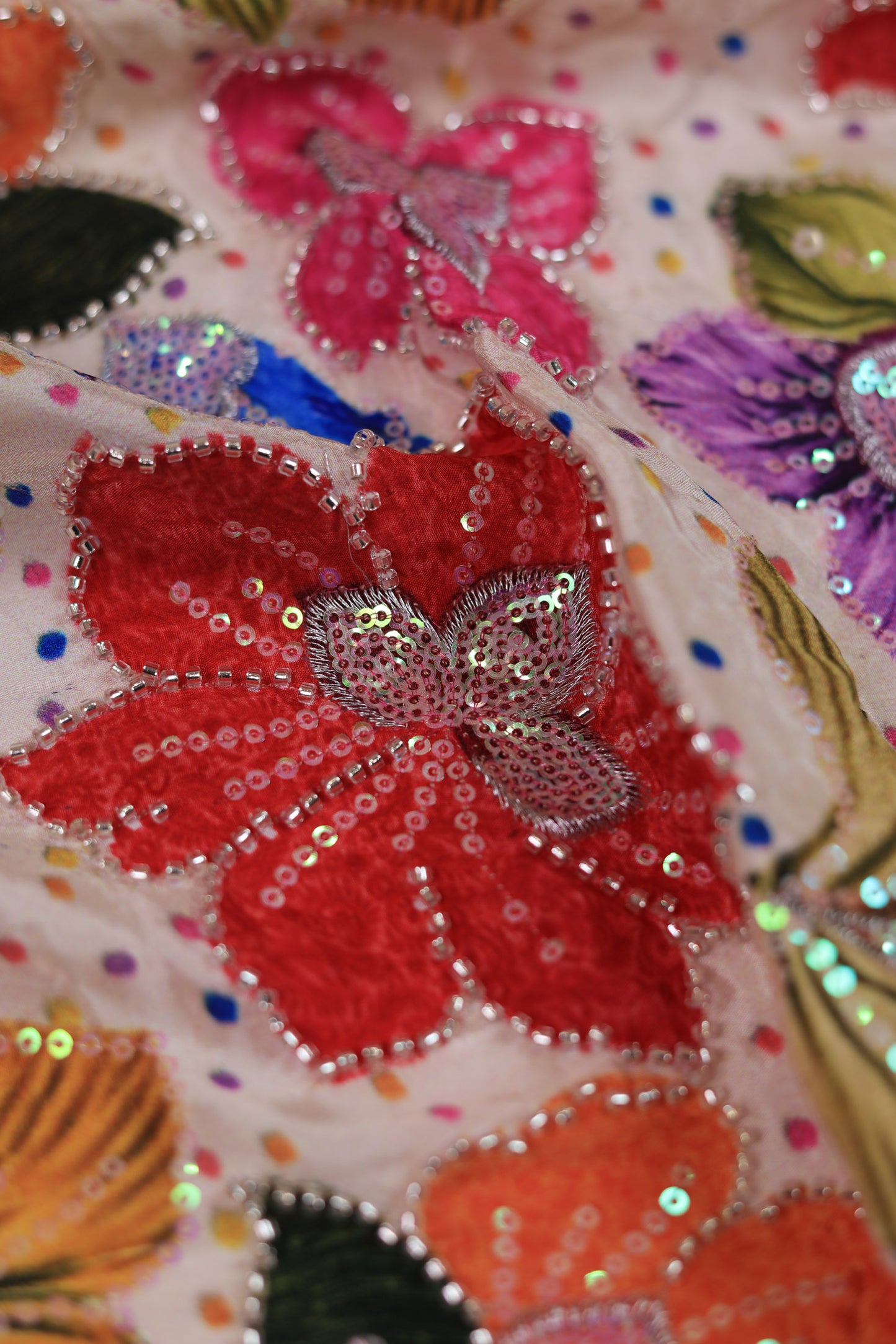 Beige Crepe with Multicolor Sequin Floral Embroidery