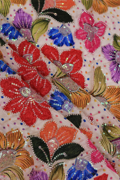 Beige Crepe with Multicolor Sequin Floral Embroidery