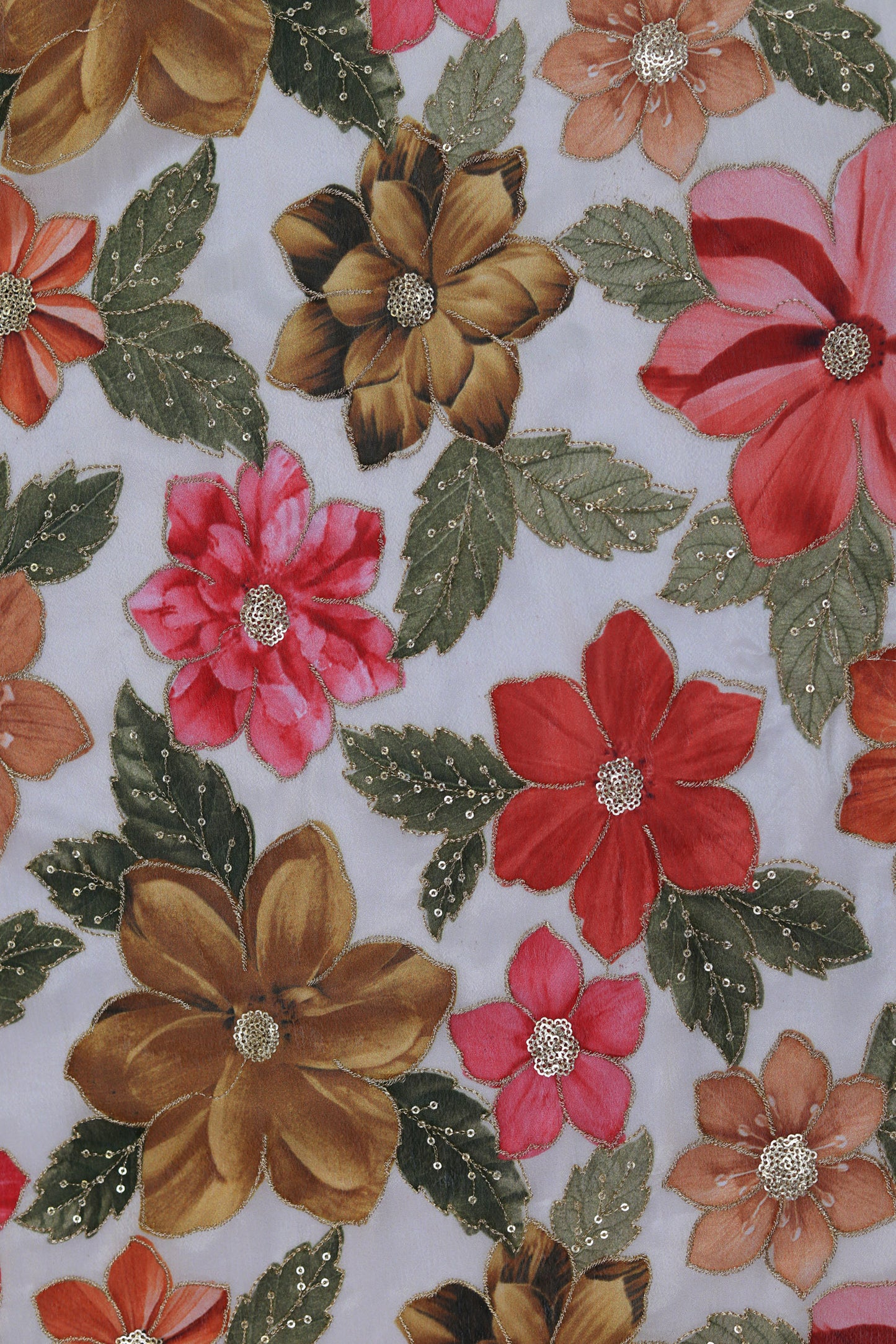 Bold Bloom Sequin Embroidered White Chinon Fabric