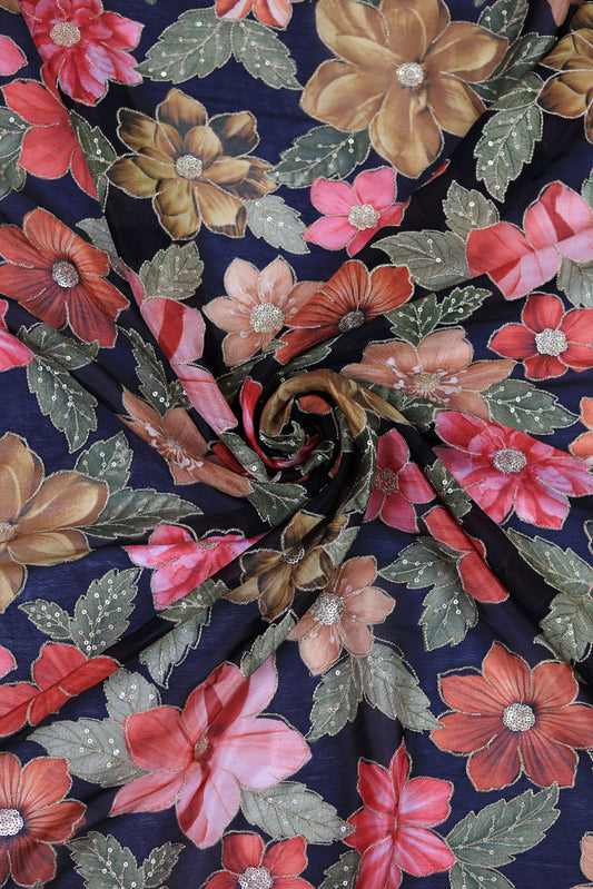 Bold Bloom Sequin Embroidered Black Chinon Fabric