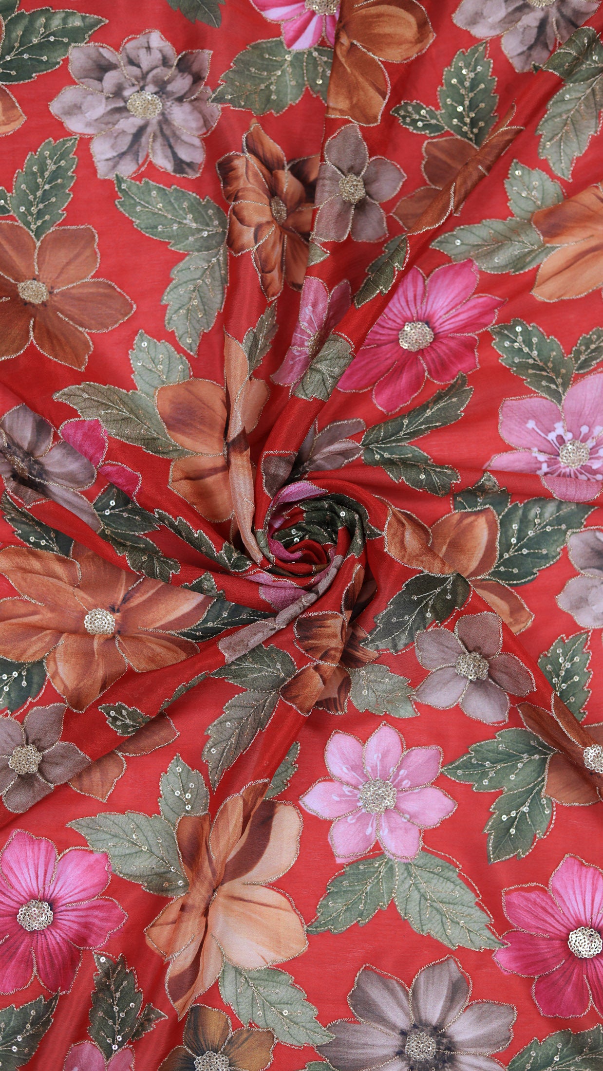 Bold Bloom Sequin Embroidered Red Chinon Fabric
