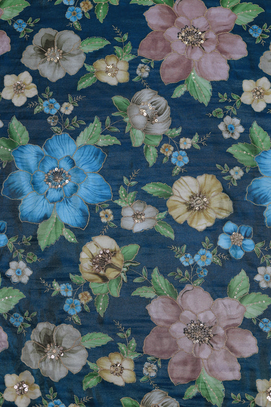 Teal Glow Embroidered Sequin Organza Fabric