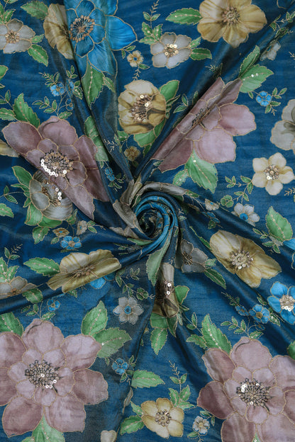 Teal Glow Embroidered Sequin Organza Fabric