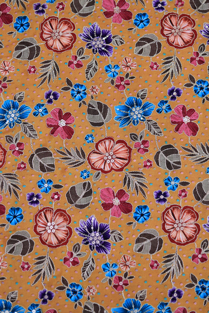 Yellow Mustard Floral Embroidered Crepe Fabric