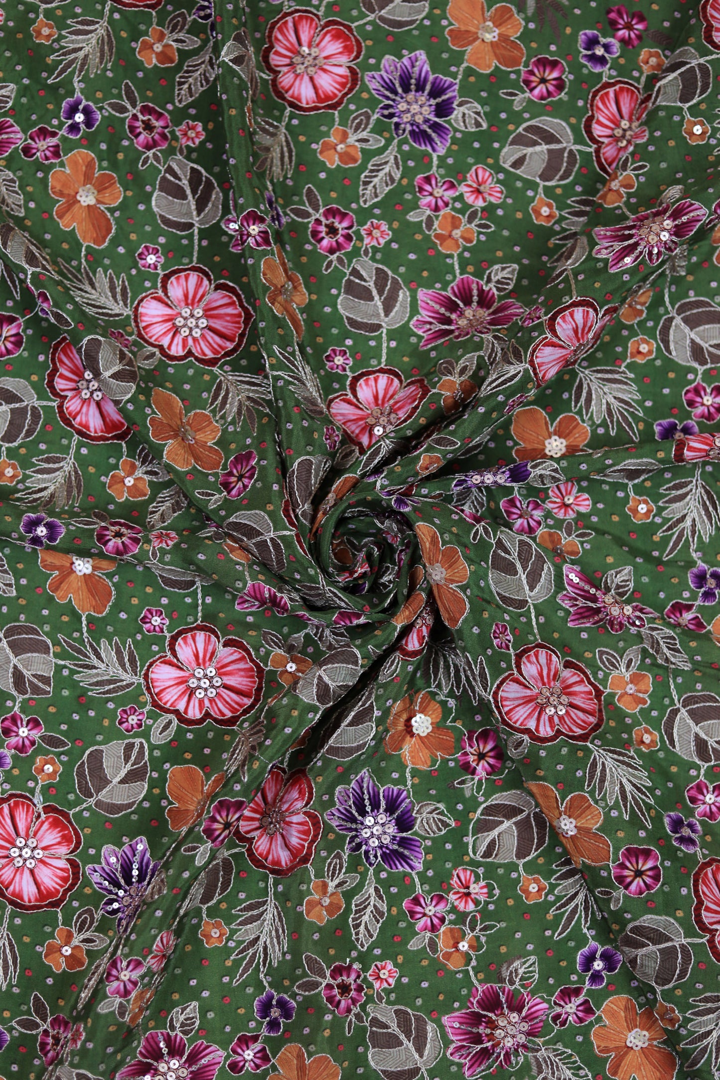 Green Mustard Floral Embroidered Crepe Fabric