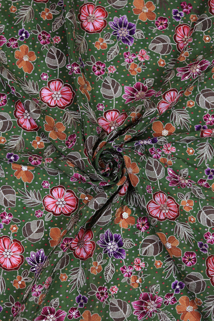 Green Mustard Floral Embroidered Crepe Fabric