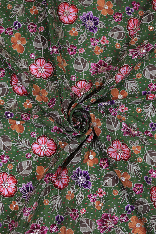Green Mustard Floral Embroidered Crepe Fabric