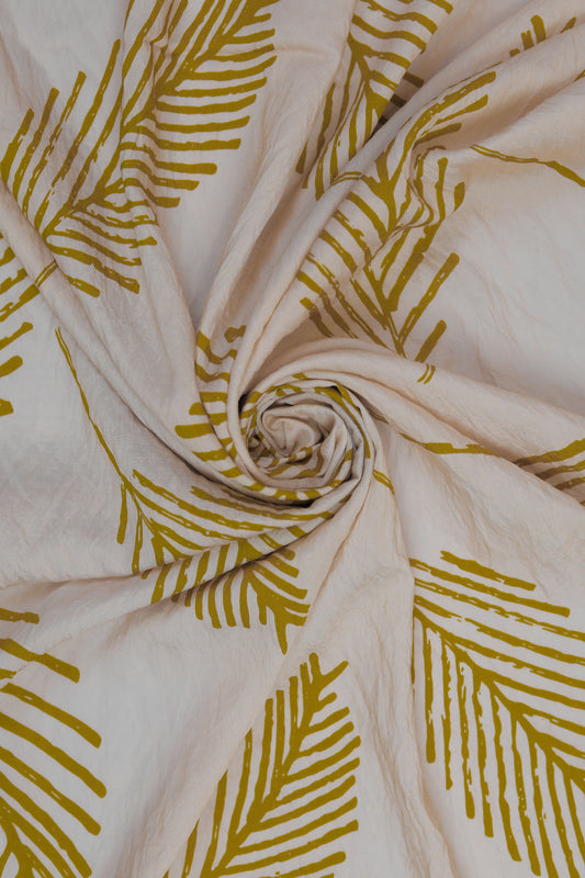 Leafy Luxe Golden Leaf Print Viscose Blend Fabric