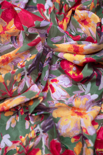 Olive Bloom Crepe Silk Fabric