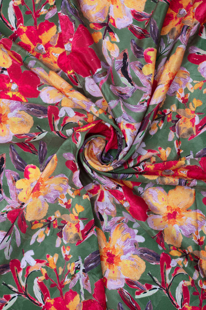 Olive Bloom Crepe Silk Fabric