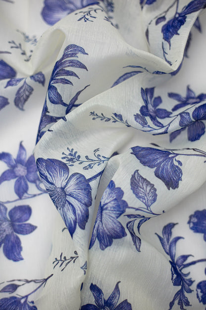 Indigo Petals Printed Chanderi Fabric