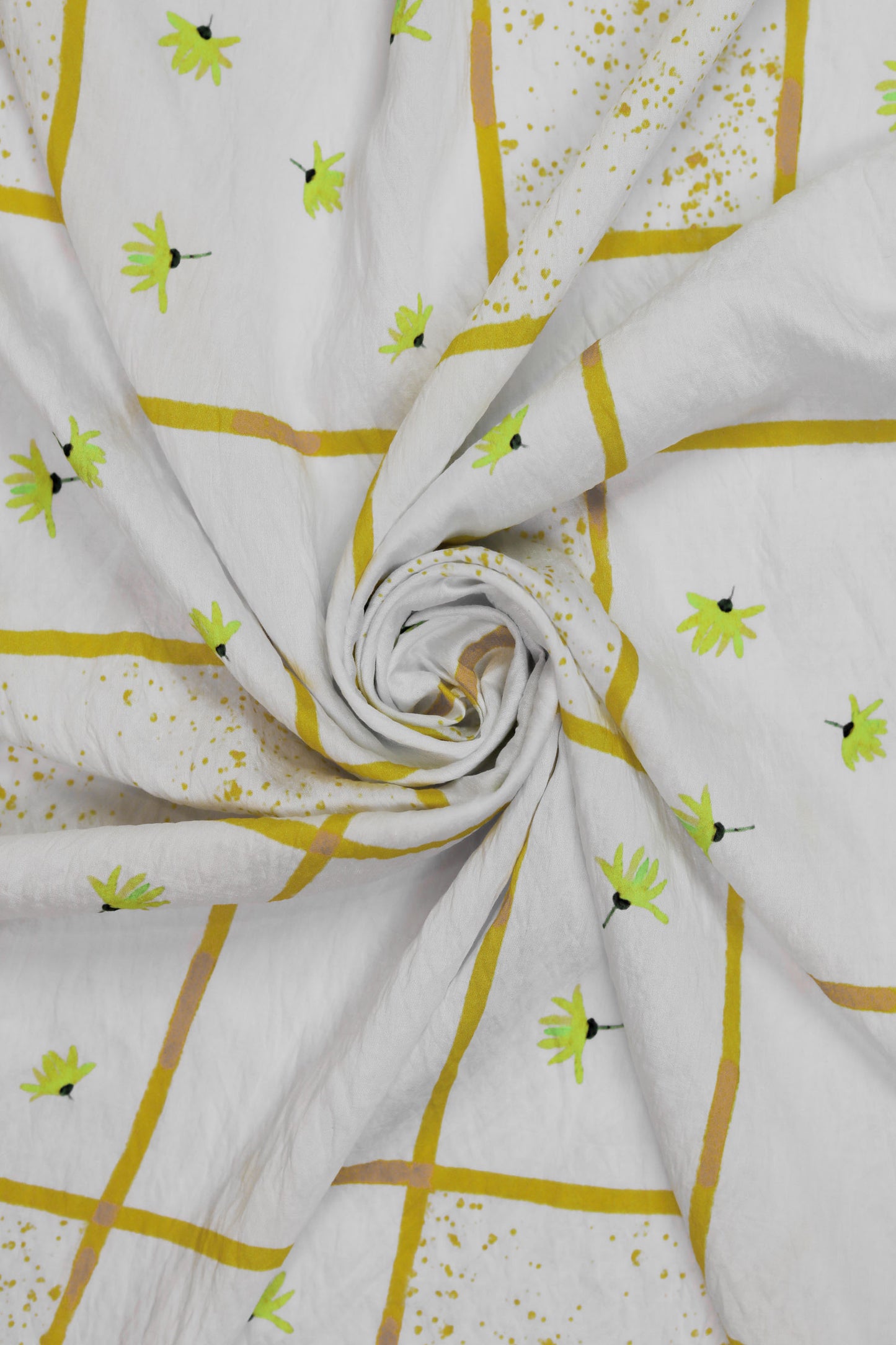 Botanic Glow White Viscose Floral Grid Fabric