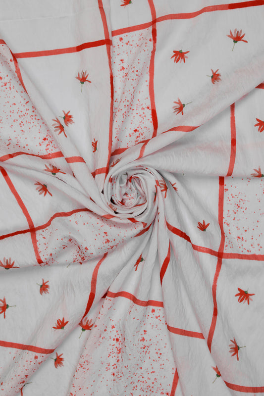 Botanic Glow White Viscose Floral Grid Fabric