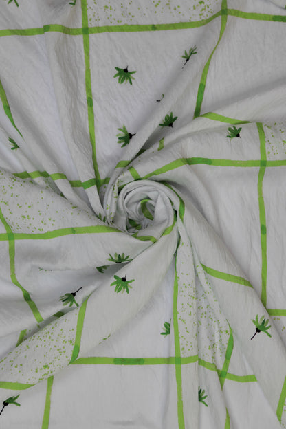 Botanic Glow White Viscose Floral Grid Fabric