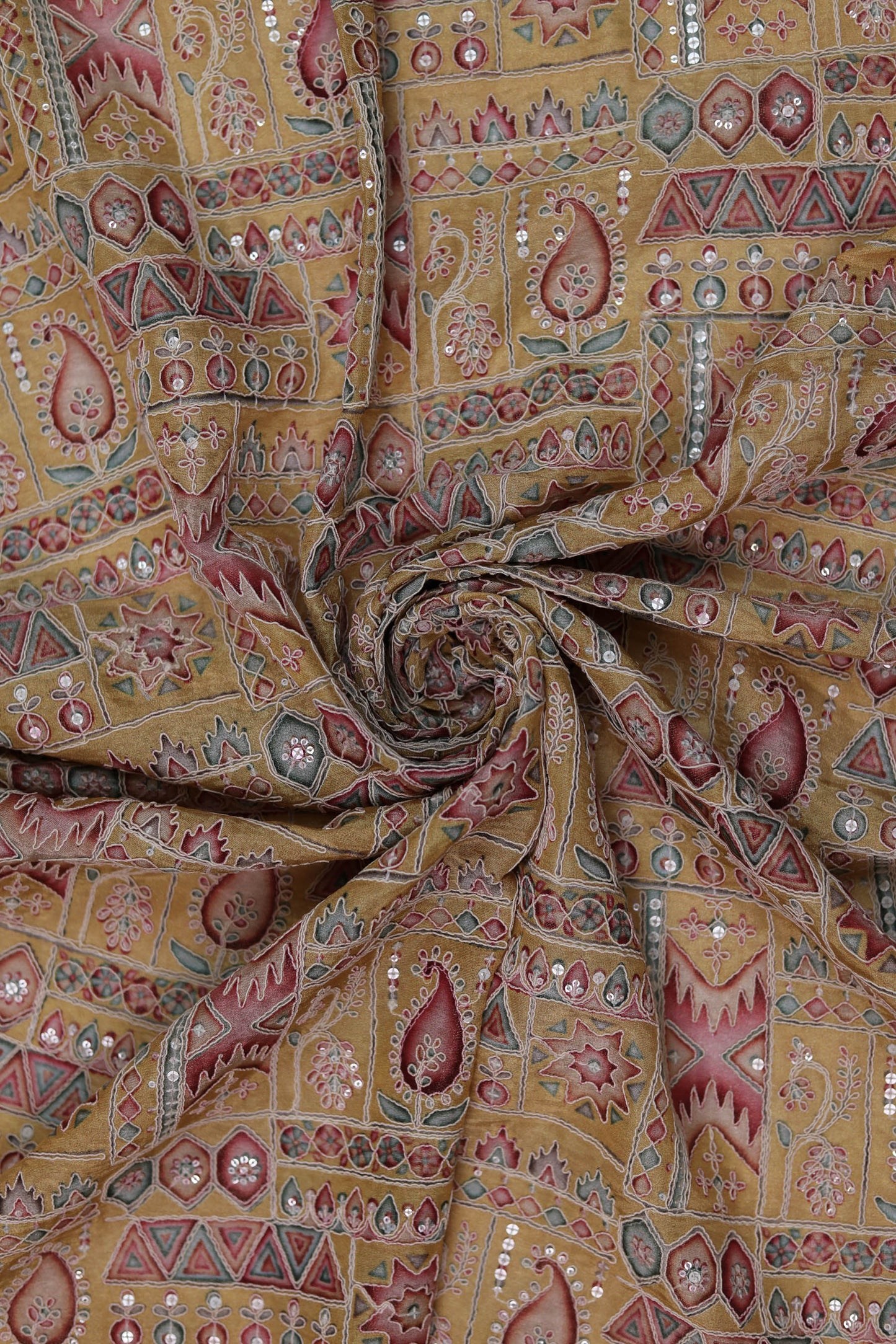 Yellow Heritage Mosaic Embroidered Patchwork Fabric