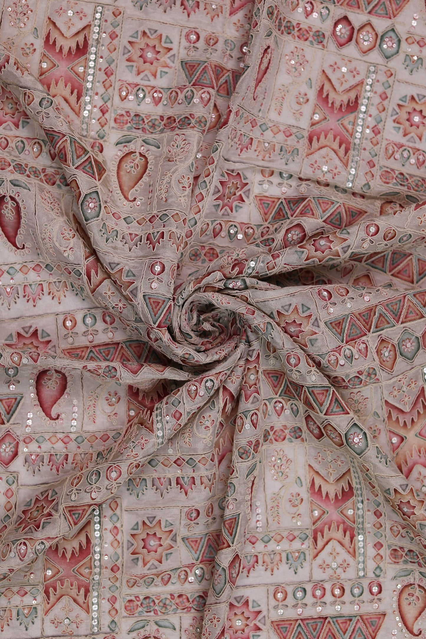 White Heritage Mosaic Embroidered Patchwork Fabric